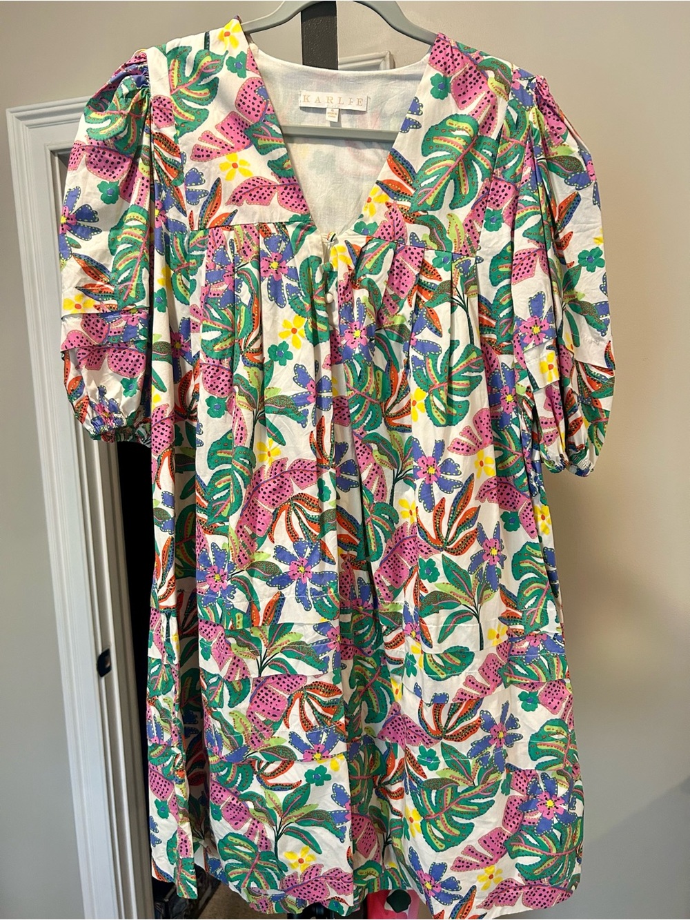 Karlie White Floral V-Neck Puff Sleeve Mini Dress with Pink, Green, Blue